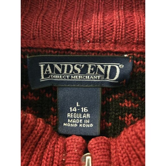 Lands End Red 100% Wool Sweater Cardigan L 14-16 Womens Fair Isle Full Zip - Picture 6 of 7